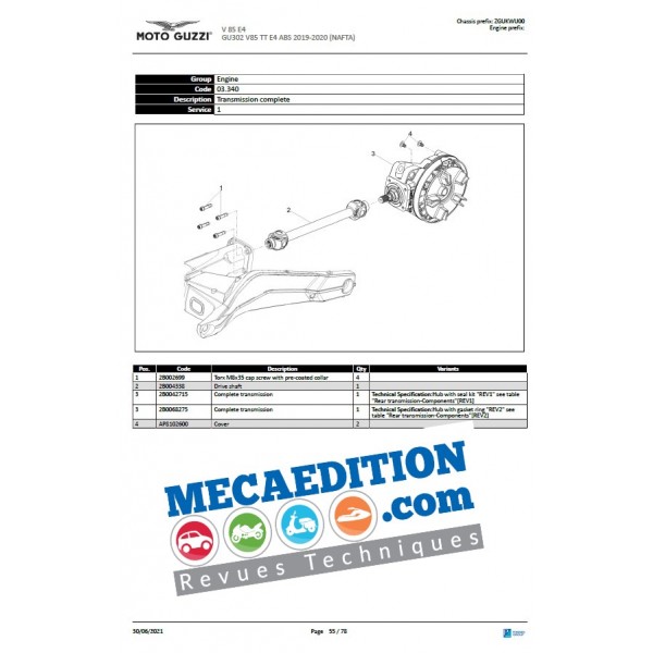 Manuel pieces de rechange pour moto guzzi v85 tt 2020